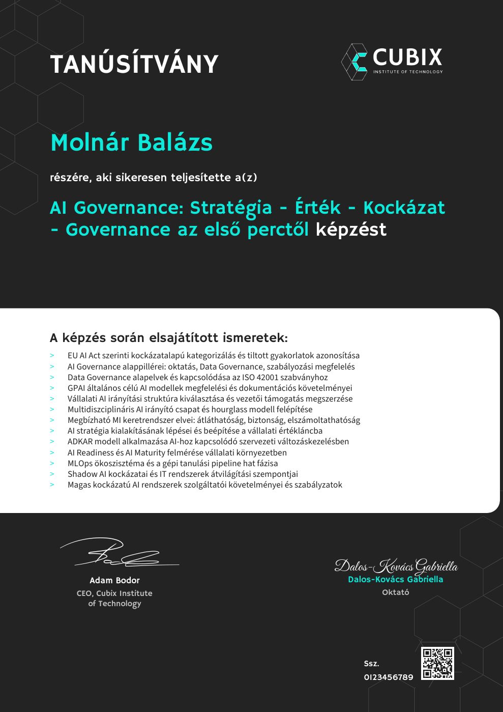 Tanúsítvány minta – AI Governance: Stratégia - Érték - Kockázat - Governance az első perctől