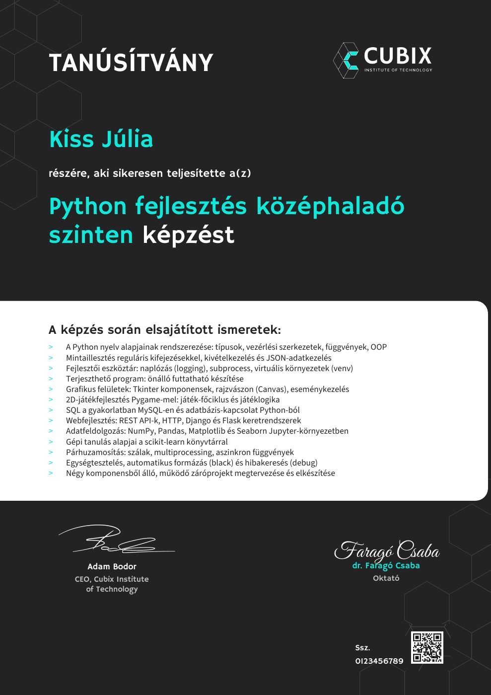 Tanúsítvány minta – Python fejlesztés középhaladó szinten