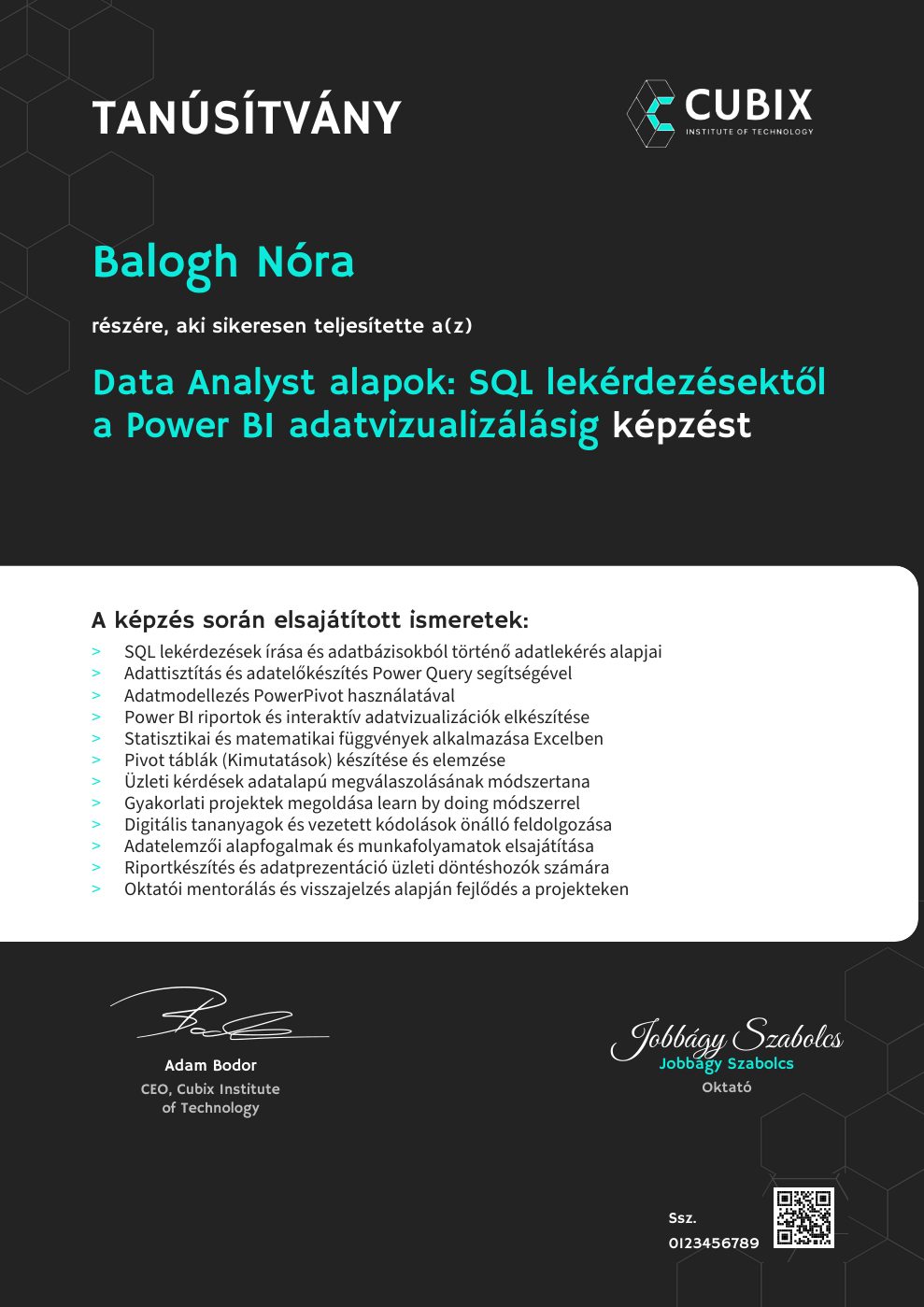 Tanúsítvány minta – Data Analyst alapok: SQL lekérdezésektől a Power BI adatvizualizálásig