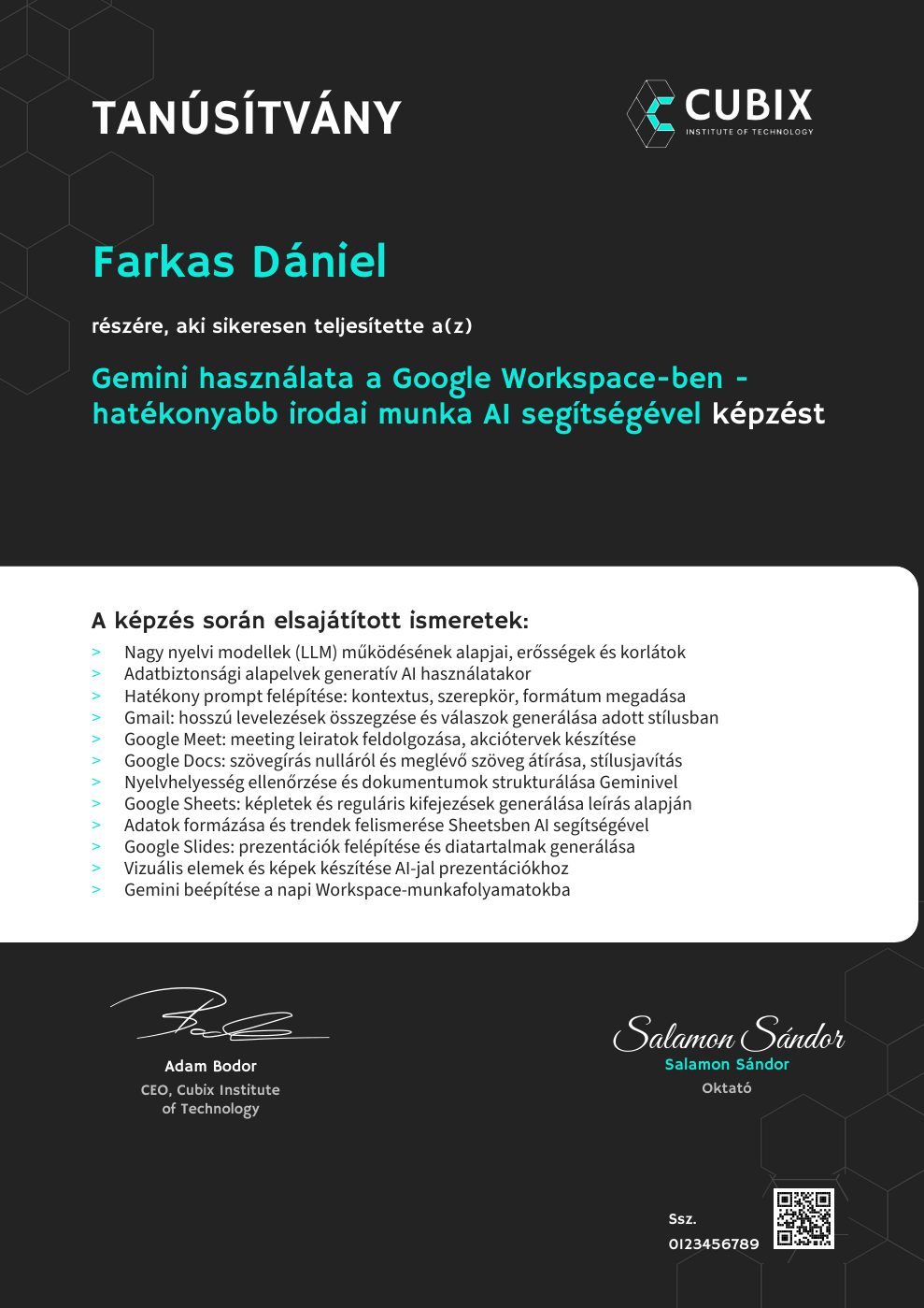 Tanúsítvány minta – Gemini használata a Google Workspace-ben - hatékonyabb irodai munka AI segítségével