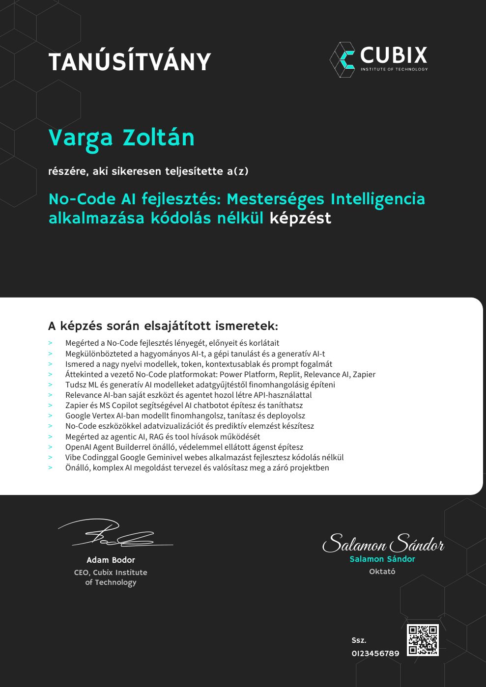 Tanúsítvány minta – No-Code AI fejlesztés: Mesterséges Intelligencia alkalmazása kódolás nélkül