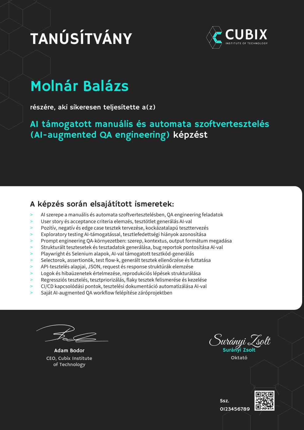 Tanúsítvány minta – AI támogatott manuális és automata szoftvertesztelés (AI-augmented QA engineering)