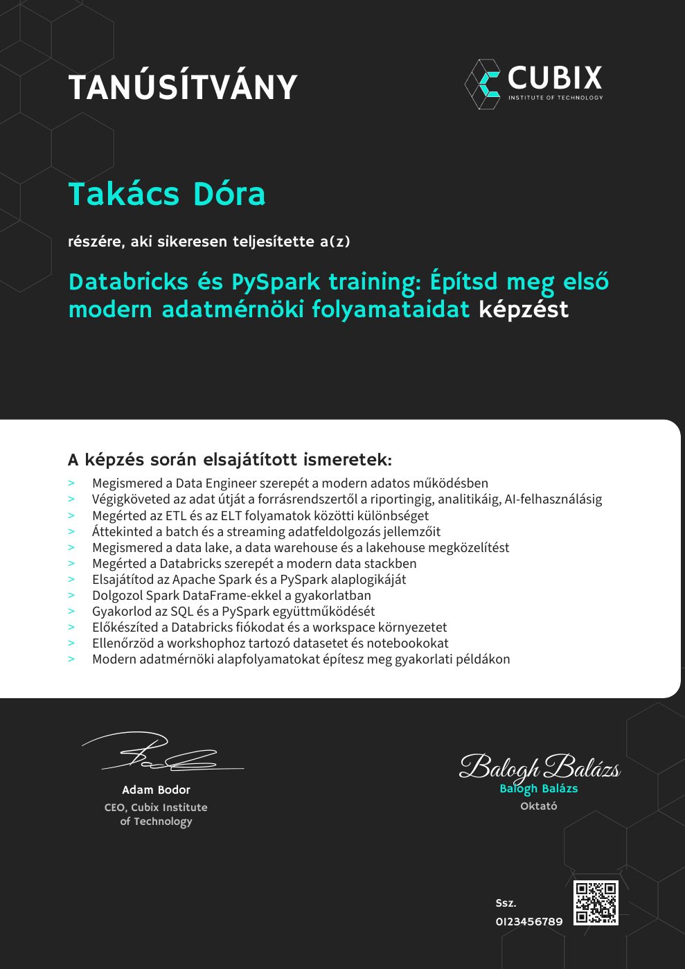 Tanúsítvány minta – Databricks és PySpark training: Építsd meg első modern adatmérnöki folyamataidat