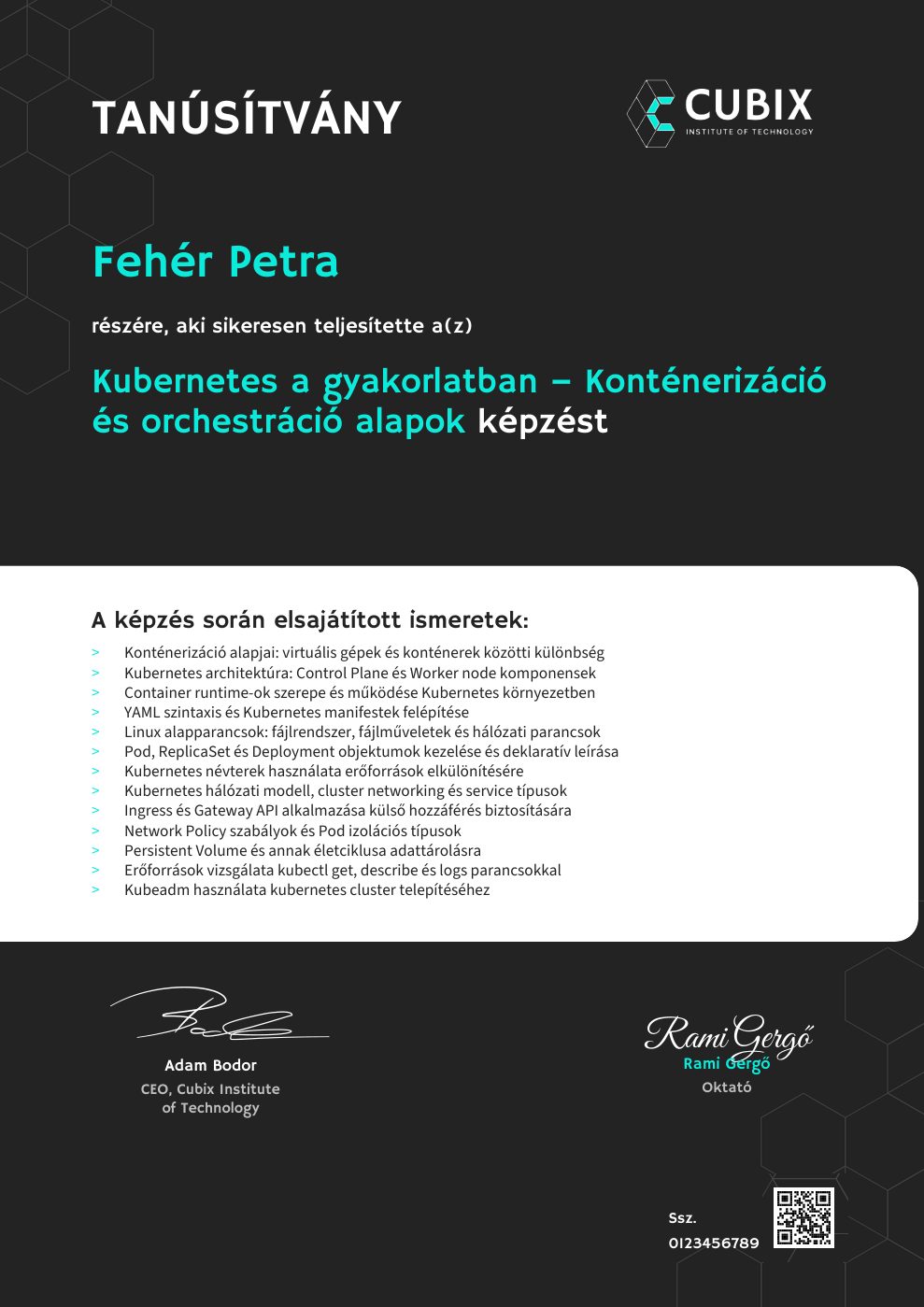 Tanúsítvány minta – Kubernetes a gyakorlatban – Konténerizáció és orchestráció alapok
