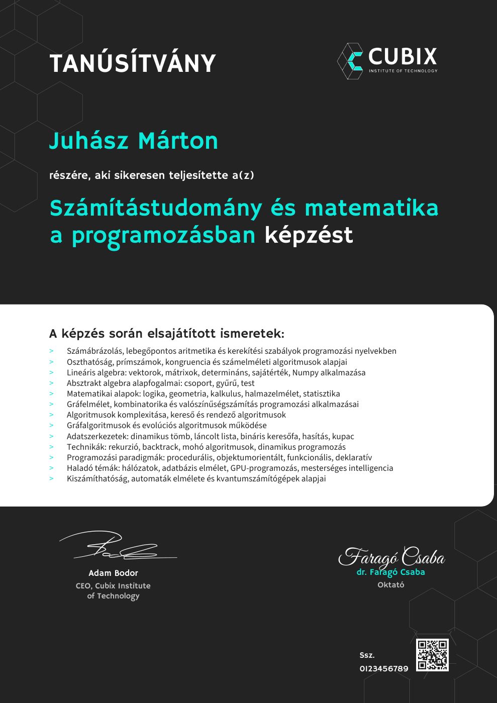 Tanúsítvány minta – Számítástudomány és matematika a programozásban