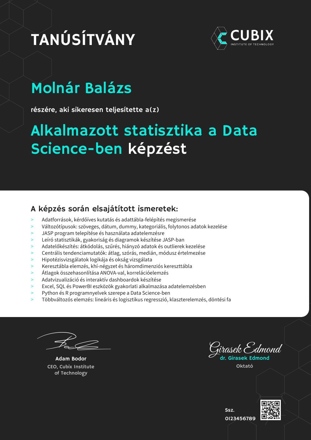 Tanúsítvány minta – Alkalmazott statisztika a Data Science-ben