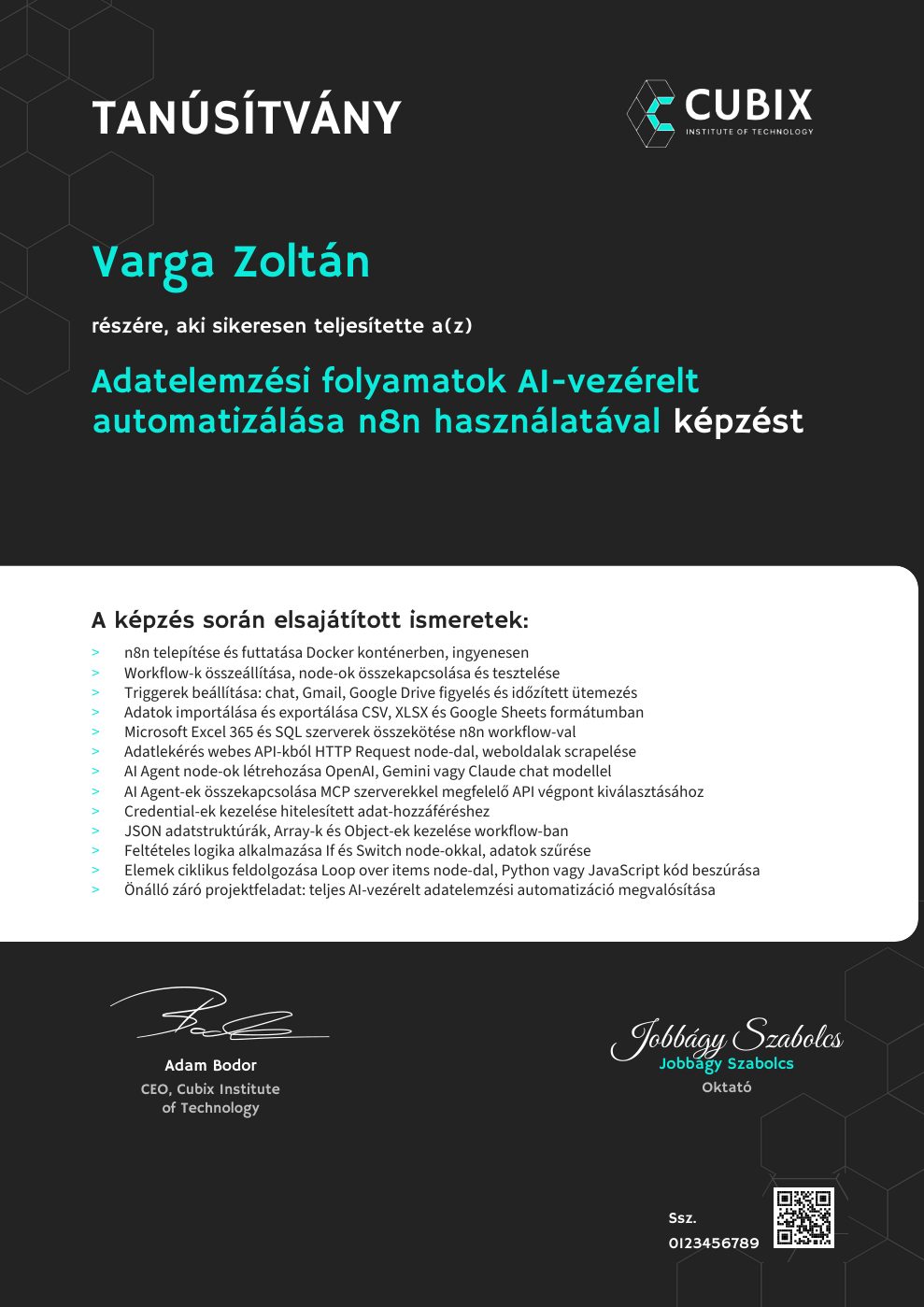 Tanúsítvány minta – Adatelemzési folyamatok AI-vezérelt automatizálása n8n használatával