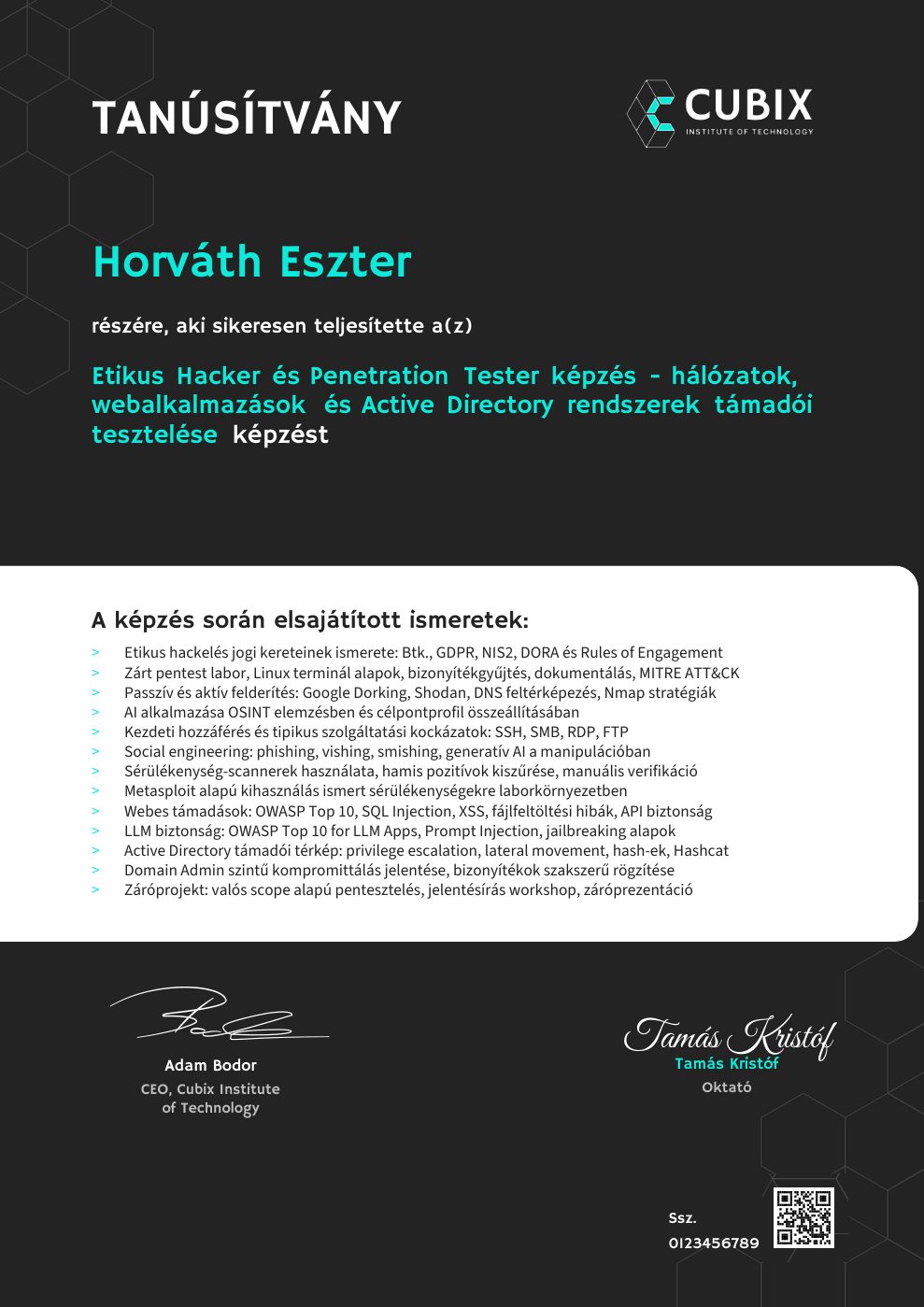 Tanúsítvány minta – Etikus Hacker és Penetration Tester képzés - hálózatok, webalkalmazások és Active Directory rendszerek támadói tesztelése