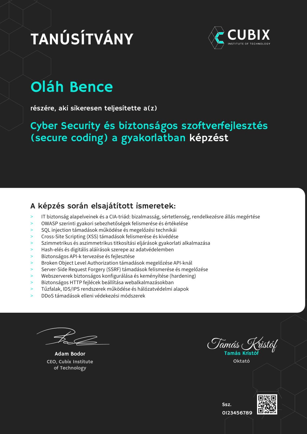 Tanúsítvány minta – Cyber Security és biztonságos szoftverfejlesztés (secure coding) a gyakorlatban