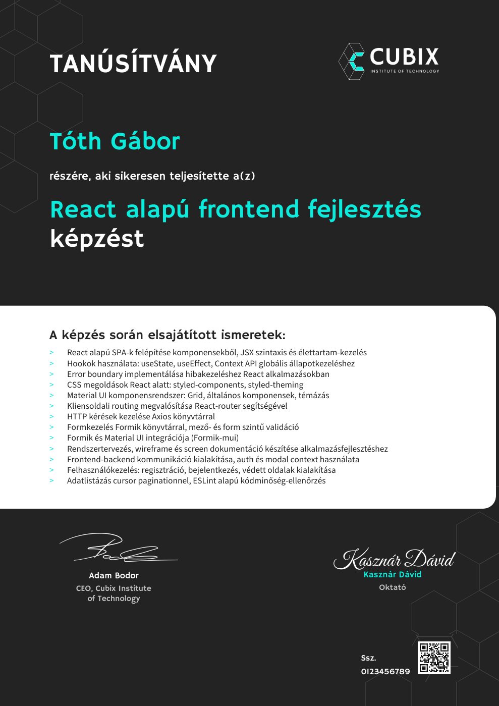 Tanúsítvány minta – React alapú frontend fejlesztés
