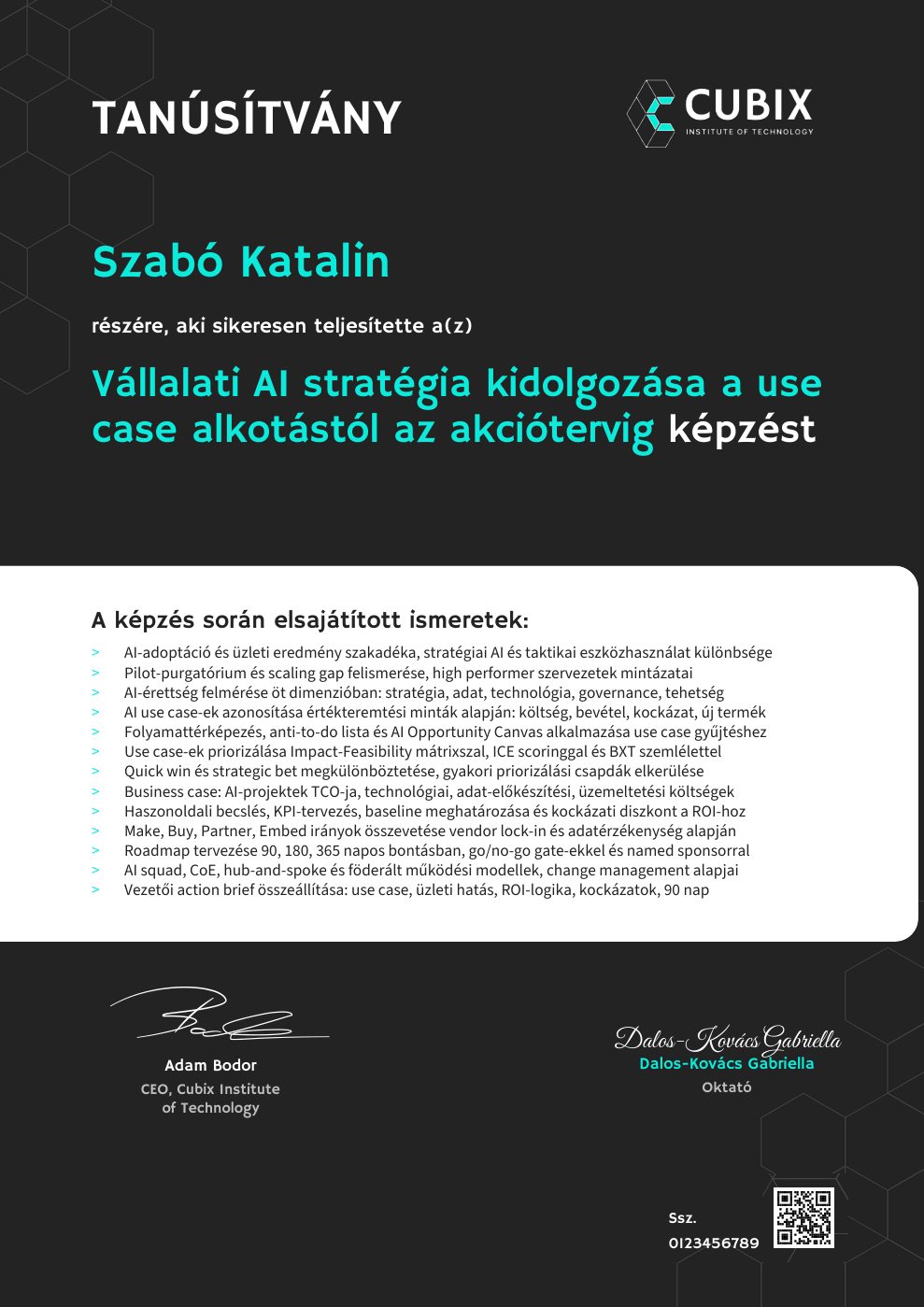 Tanúsítvány minta – Vállalati AI stratégia kidolgozása a use case alkotástól az akciótervig