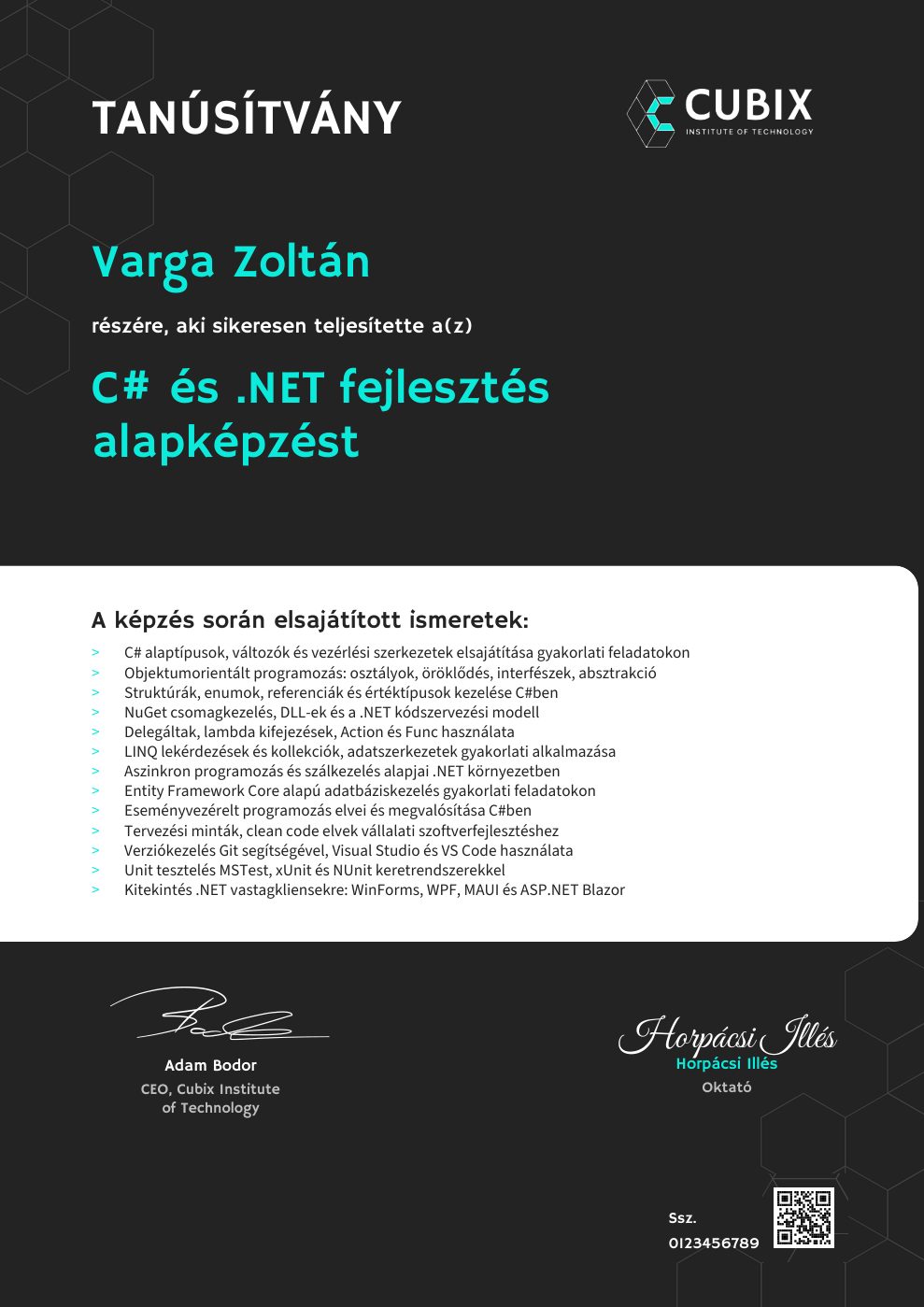 Tanúsítvány minta – C# és .NET fejlesztés alapképzés