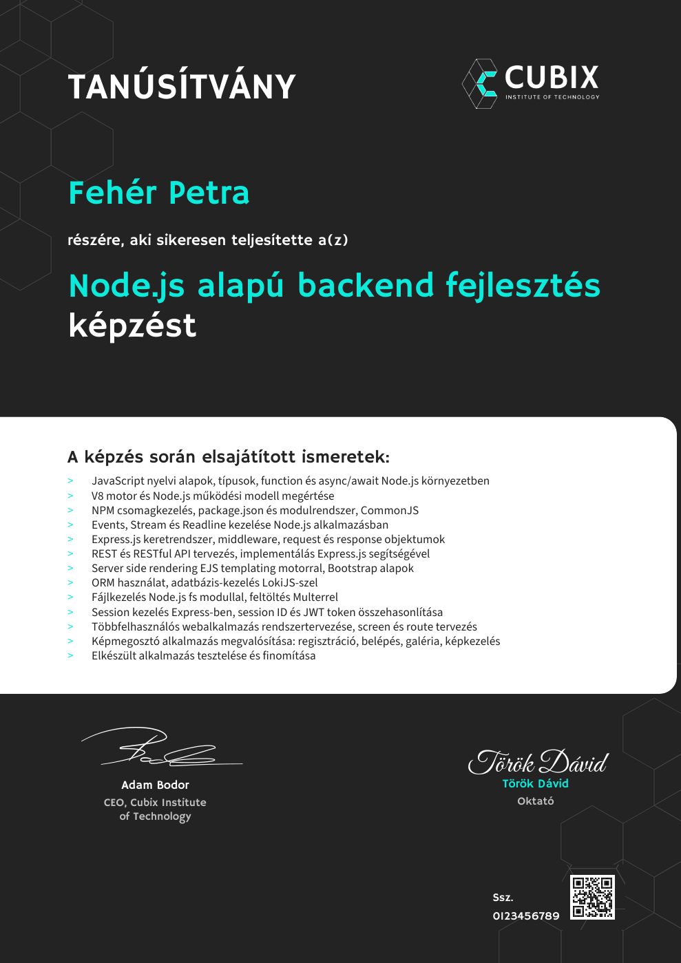 Tanúsítvány minta – Node.js alapú backend fejlesztés