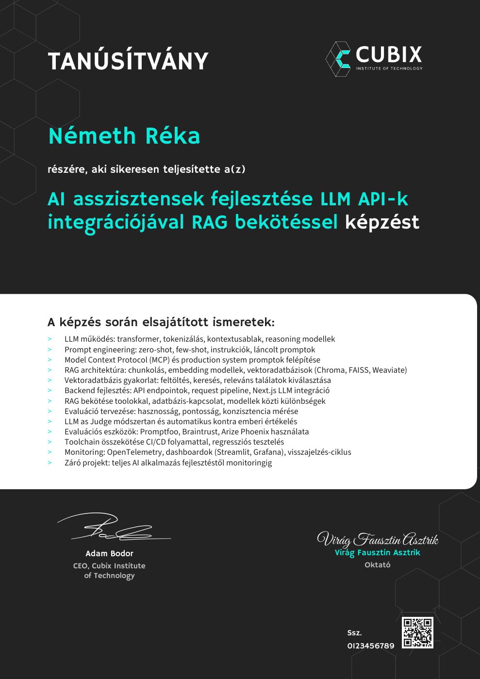 Tanúsítvány minta – AI asszisztensek fejlesztése LLM API-k integrációjával RAG bekötéssel