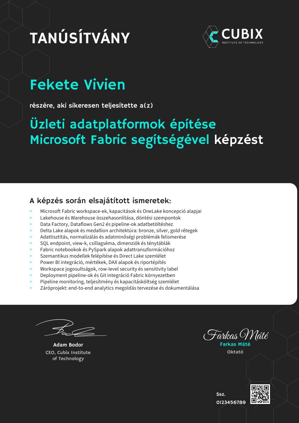 Tanúsítvány minta – Üzleti adatplatformok építése Microsoft Fabric segítségével