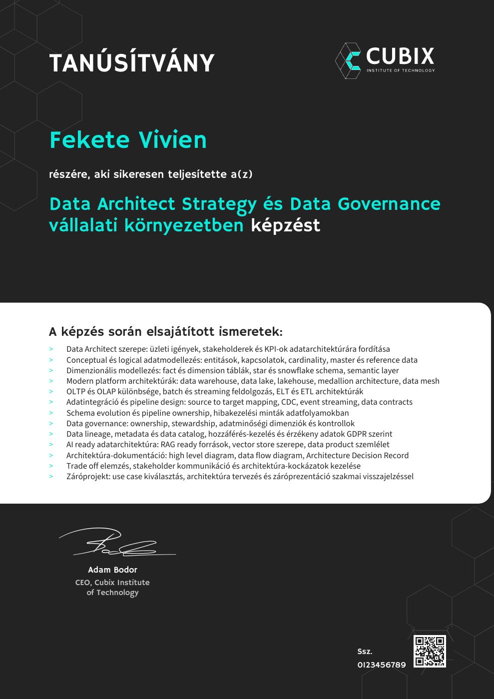 Tanúsítvány minta – Data Architect Strategy és Data Governance vállalati környezetben
