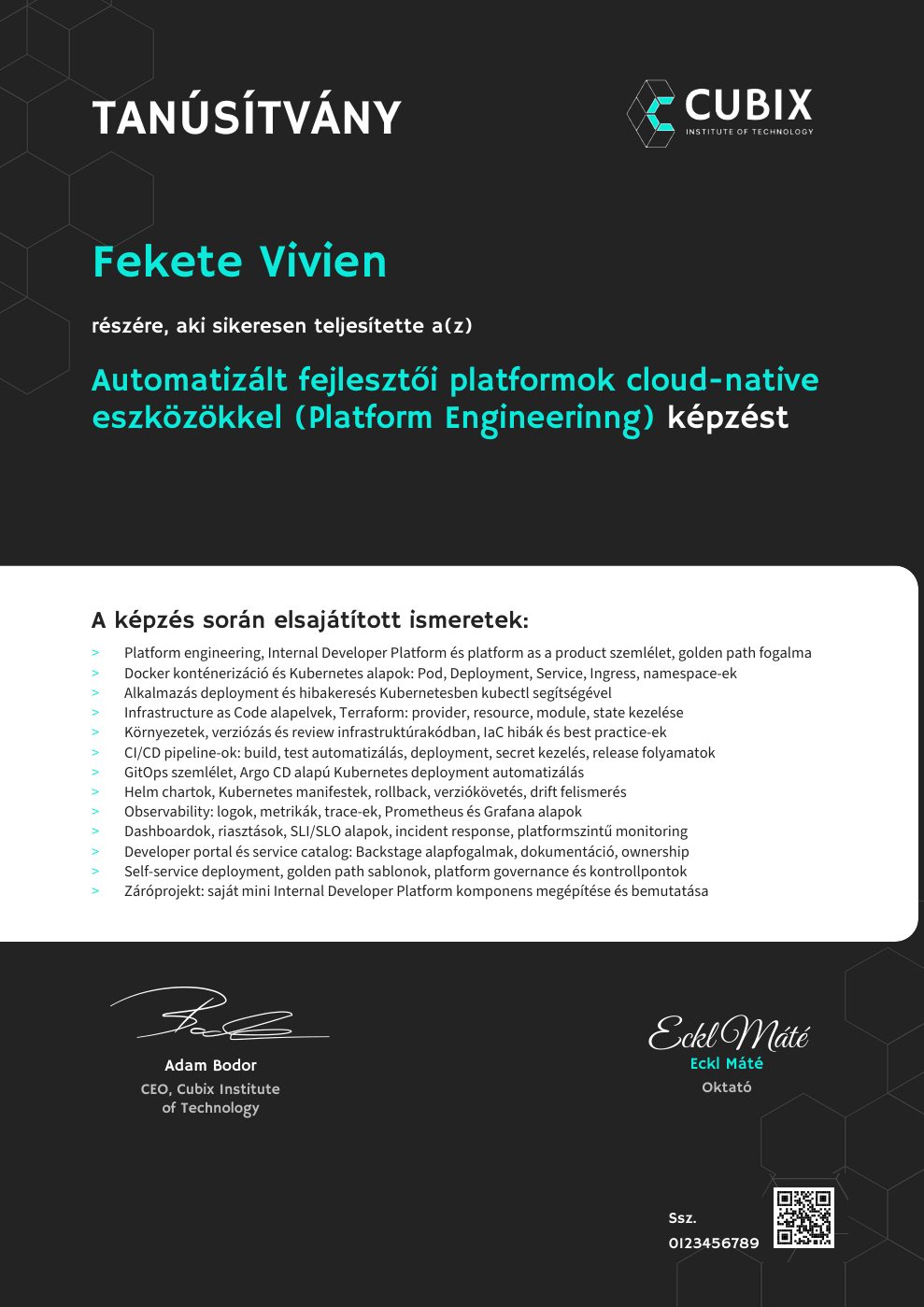 Tanúsítvány minta – Automatizált fejlesztői platformok cloud-native eszközökkel (Platform Engineerinng)
