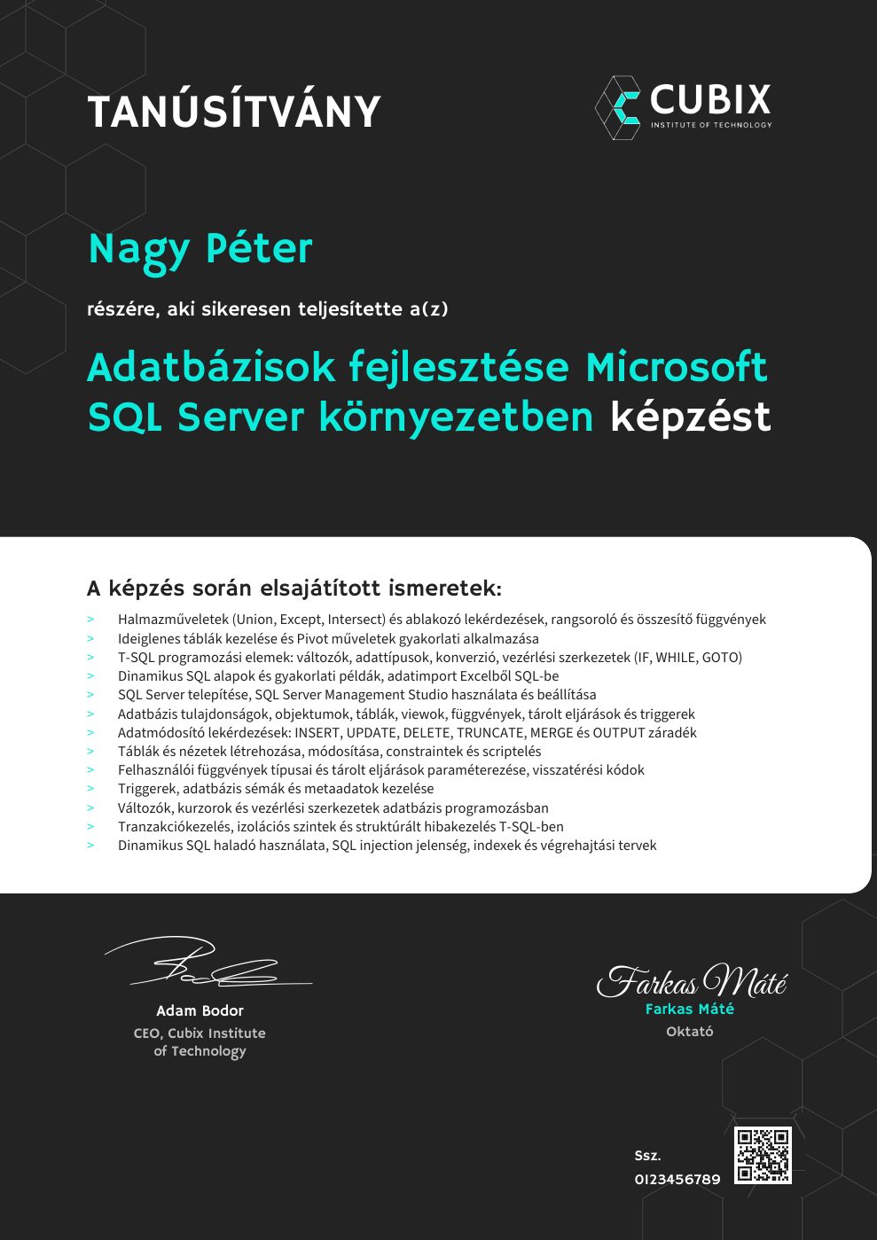 Tanúsítvány minta – Adatbázisok fejlesztése Microsoft SQL Server környezetben