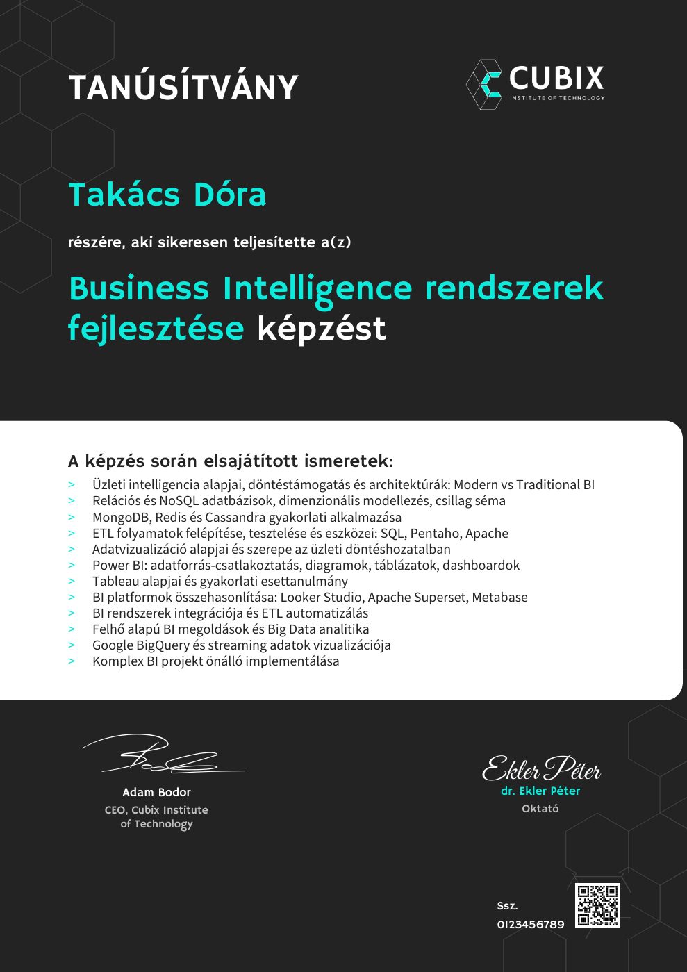 Tanúsítvány minta – Business Intelligence rendszerek fejlesztése