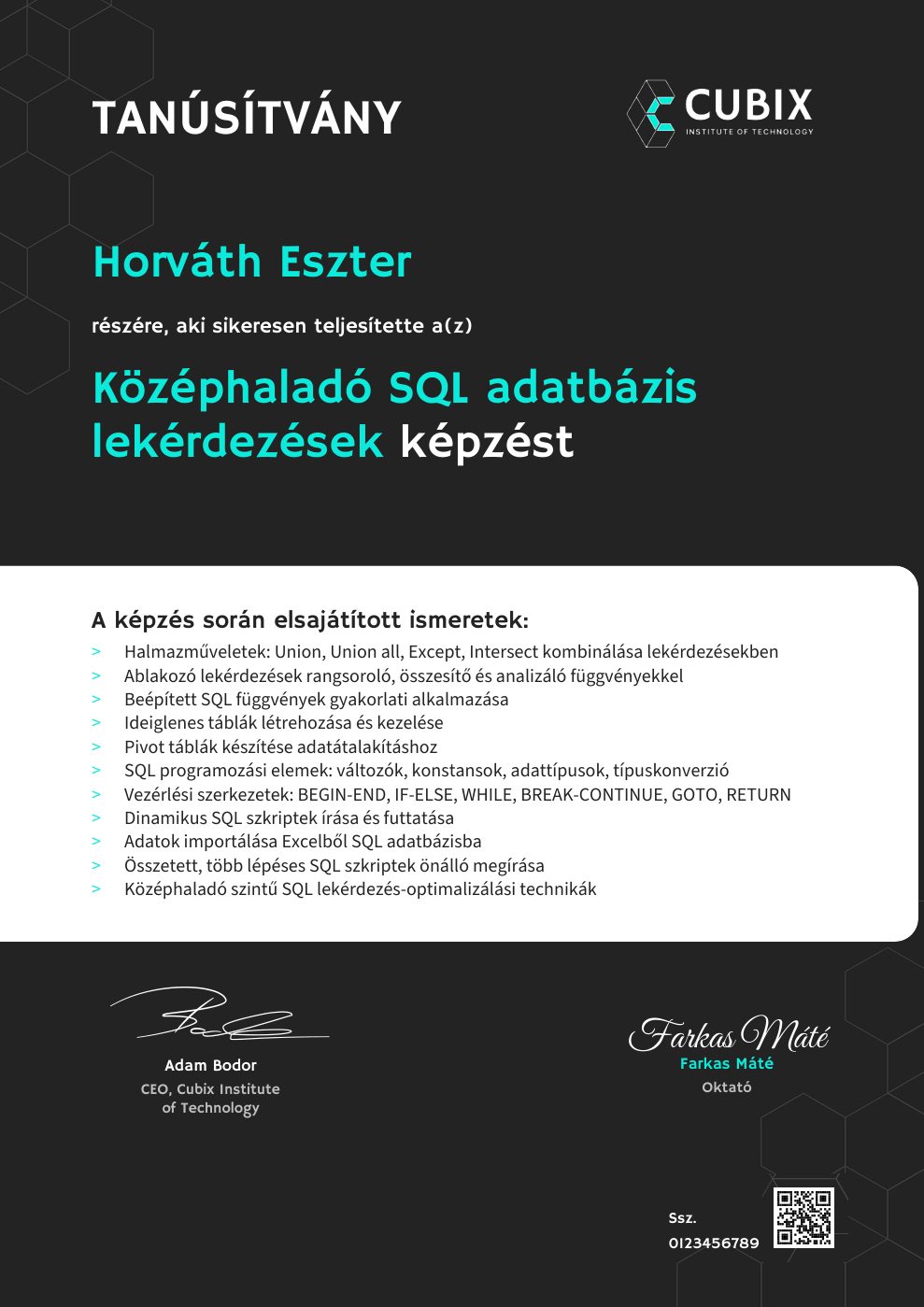 Tanúsítvány minta – Középhaladó SQL adatbázis lekérdezések