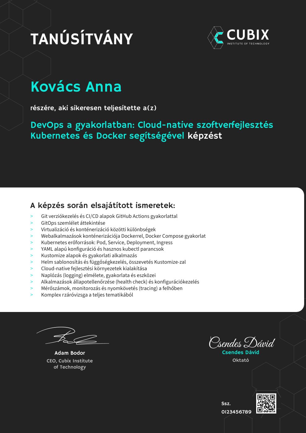 Tanúsítvány minta – DevOps a gyakorlatban: Cloud-native szoftverfejlesztés Kubernetes és Docker segítségével