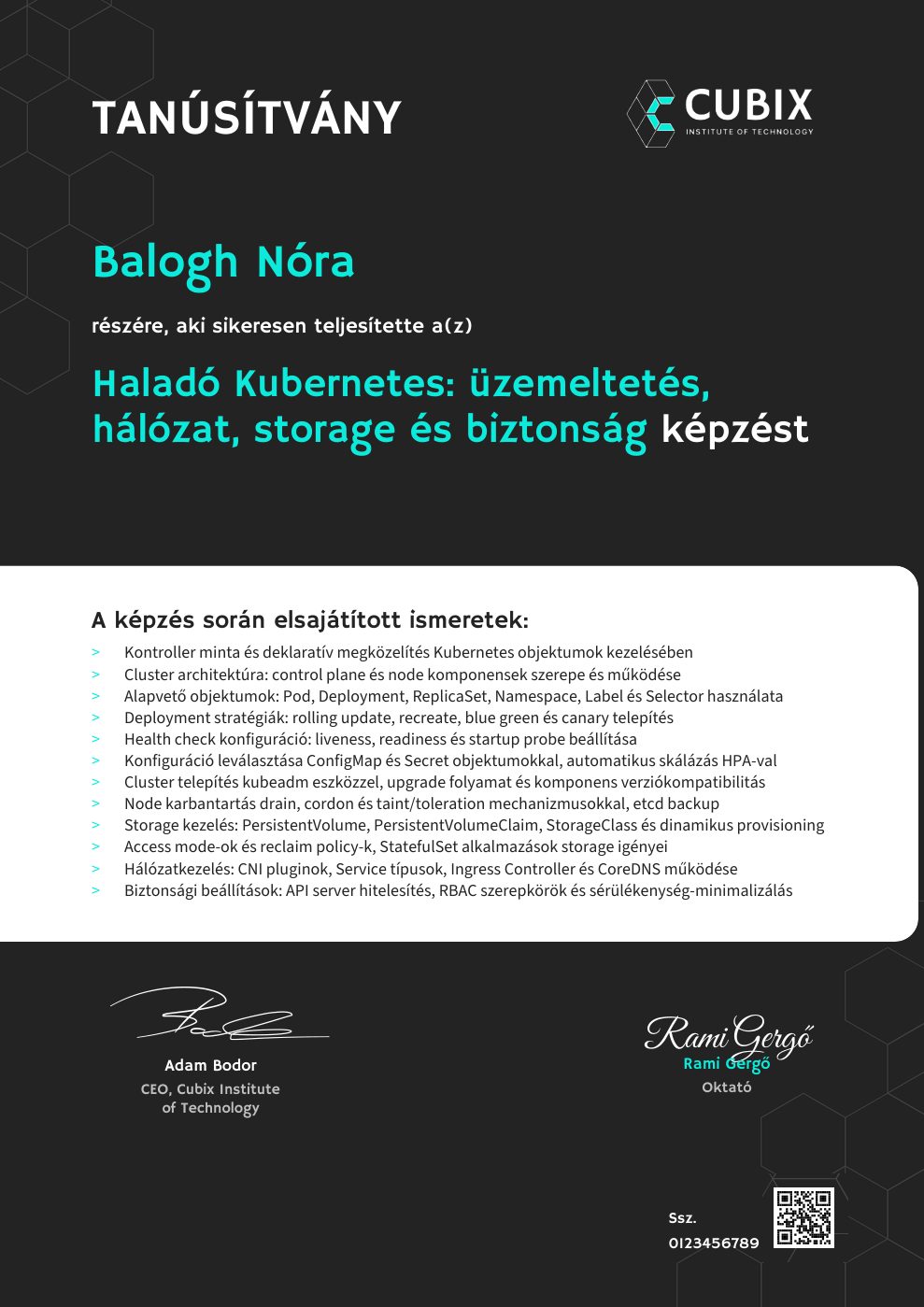 Tanúsítvány minta – Haladó Kubernetes: üzemeltetés, hálózat, storage és biztonság