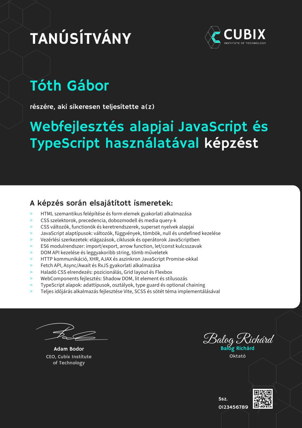 Tanúsítvány minta – Webfejlesztés alapjai JavaScript és TypeScript használatával