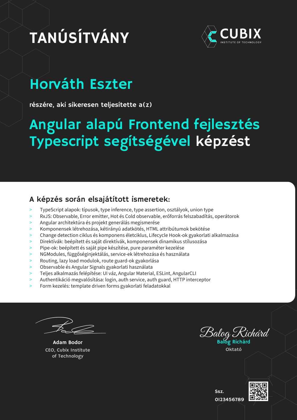 Tanúsítvány minta – Angular alapú Frontend fejlesztés Typescript segítségével