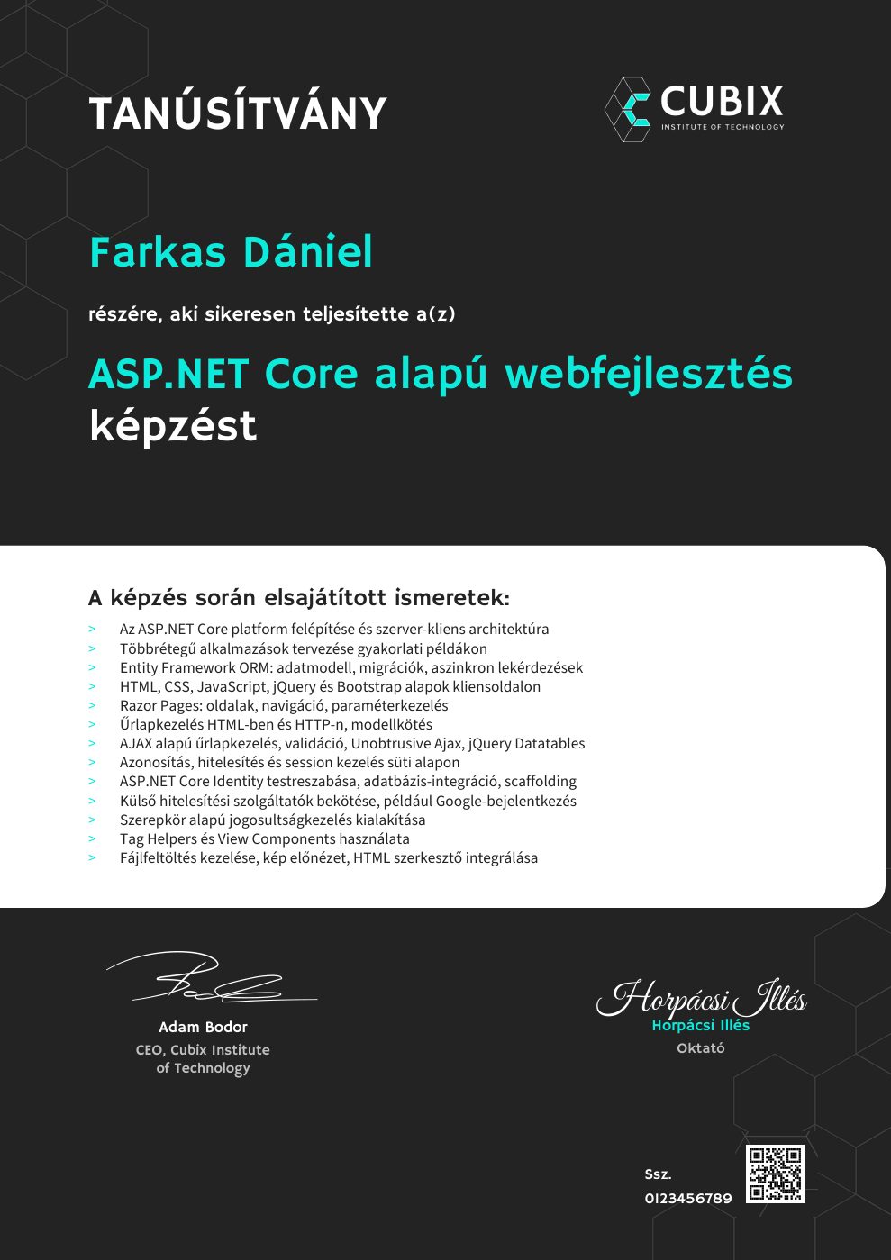 Tanúsítvány minta – ASP.NET Core alapú webfejlesztés