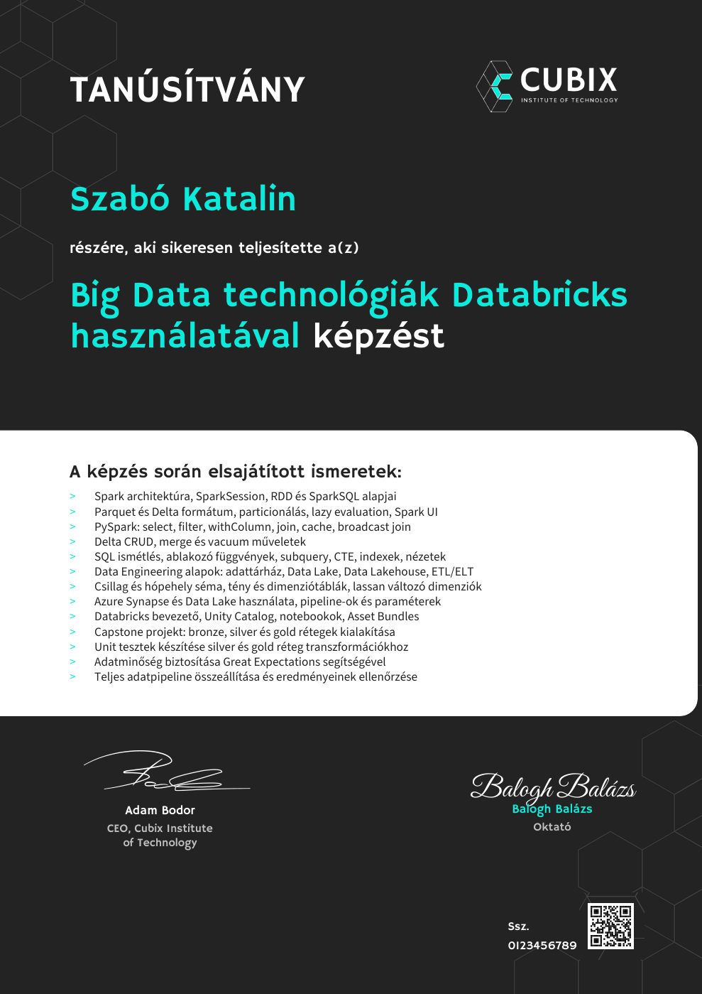 Tanúsítvány minta – Big Data technológiák Databricks használatával