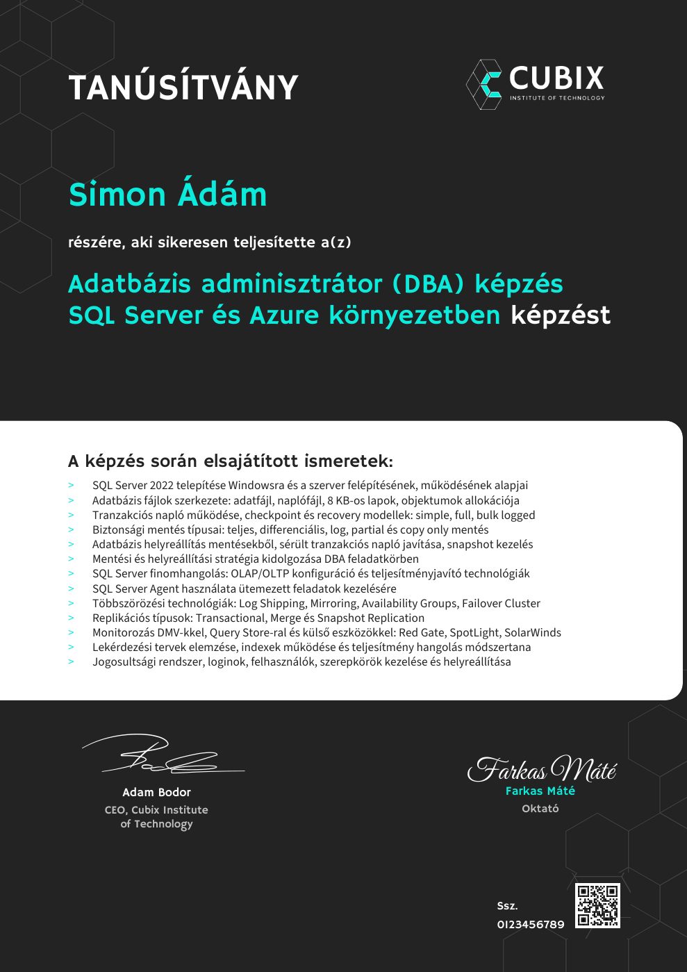 Tanúsítvány minta – Adatbázis adminisztrátor (DBA) képzés SQL Server és Azure környezetben