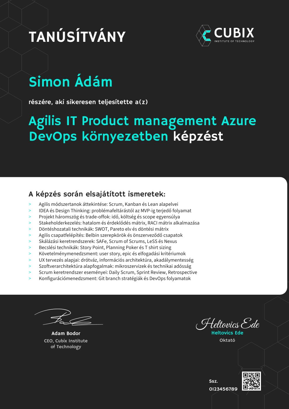 Tanúsítvány minta – Agilis IT Product management Azure DevOps környezetben