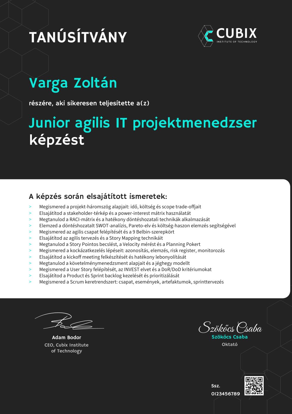 Tanúsítvány minta – Junior agilis IT projektmenedzser