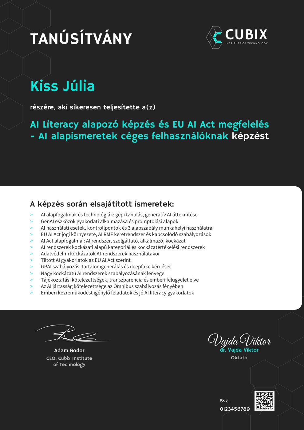 Tanúsítvány minta – AI Literacy alapozó képzés és EU AI Act megfelelés - AI alapismeretek céges felhasználóknak