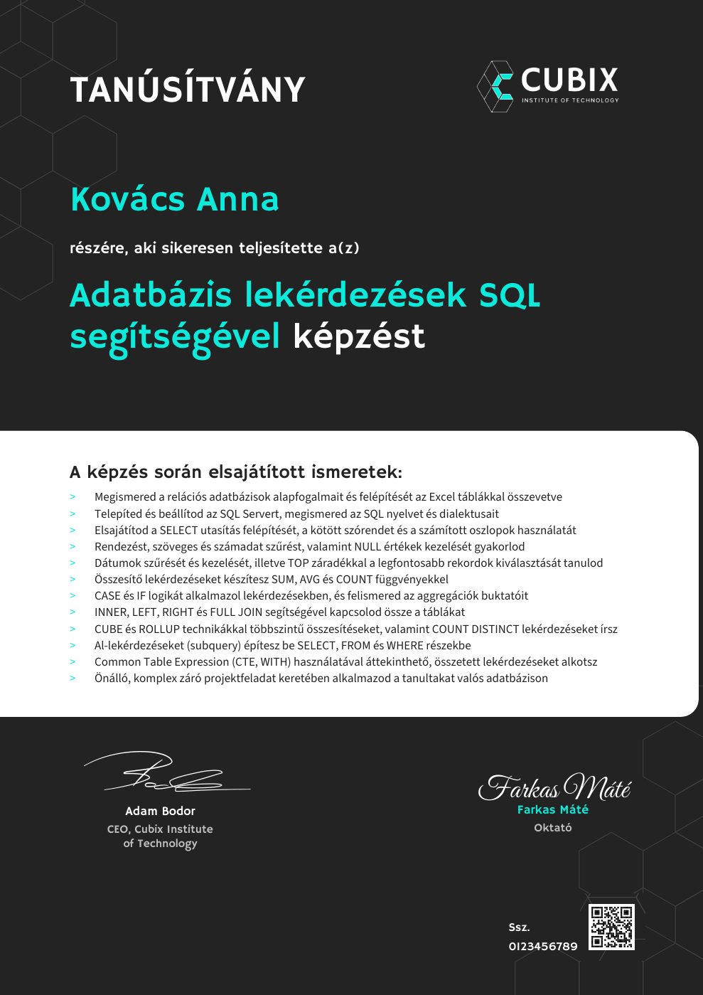 Tanúsítvány minta – Adatbázis lekérdezések SQL segítségével