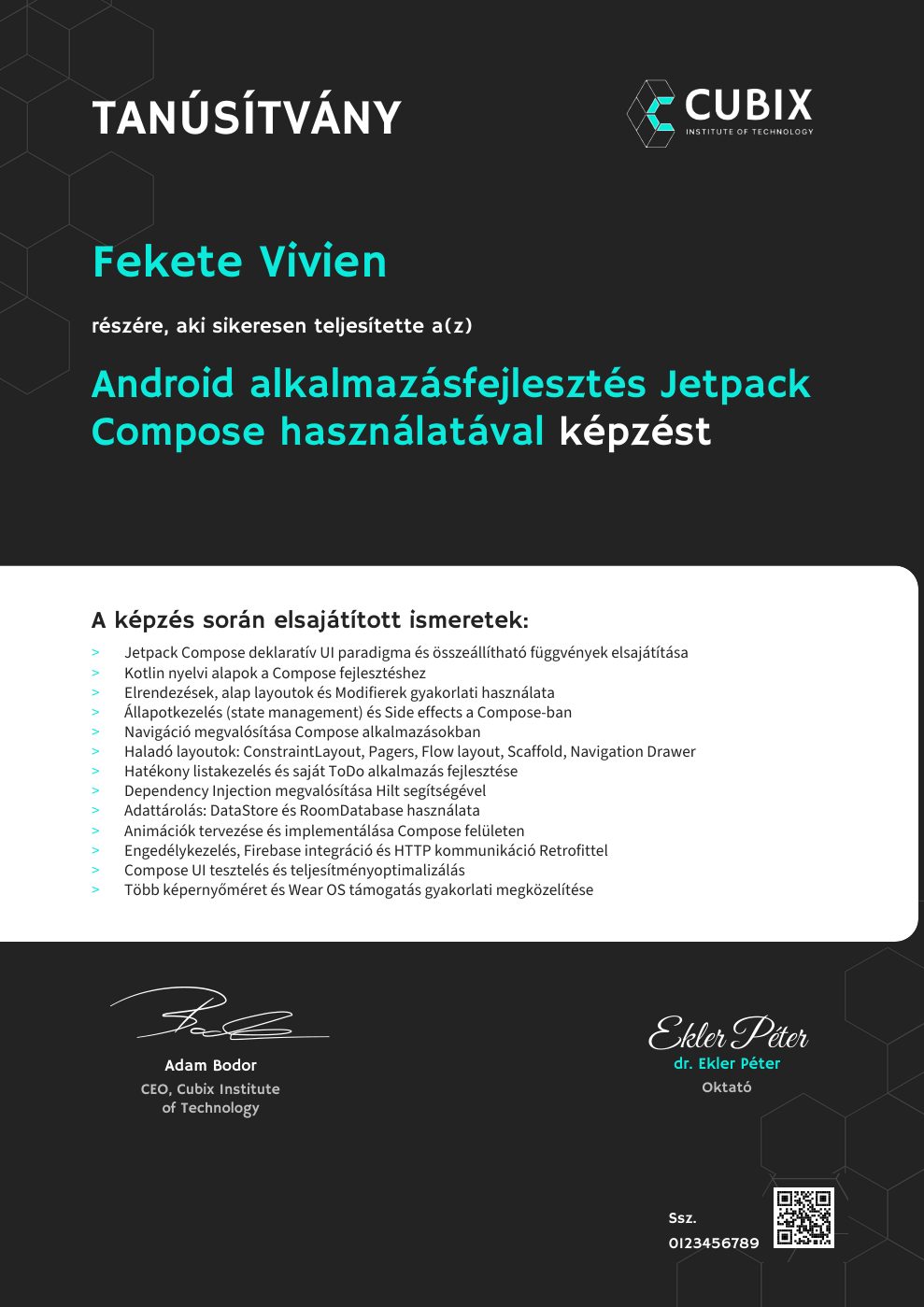 Tanúsítvány minta – Android alkalmazásfejlesztés Jetpack Compose használatával