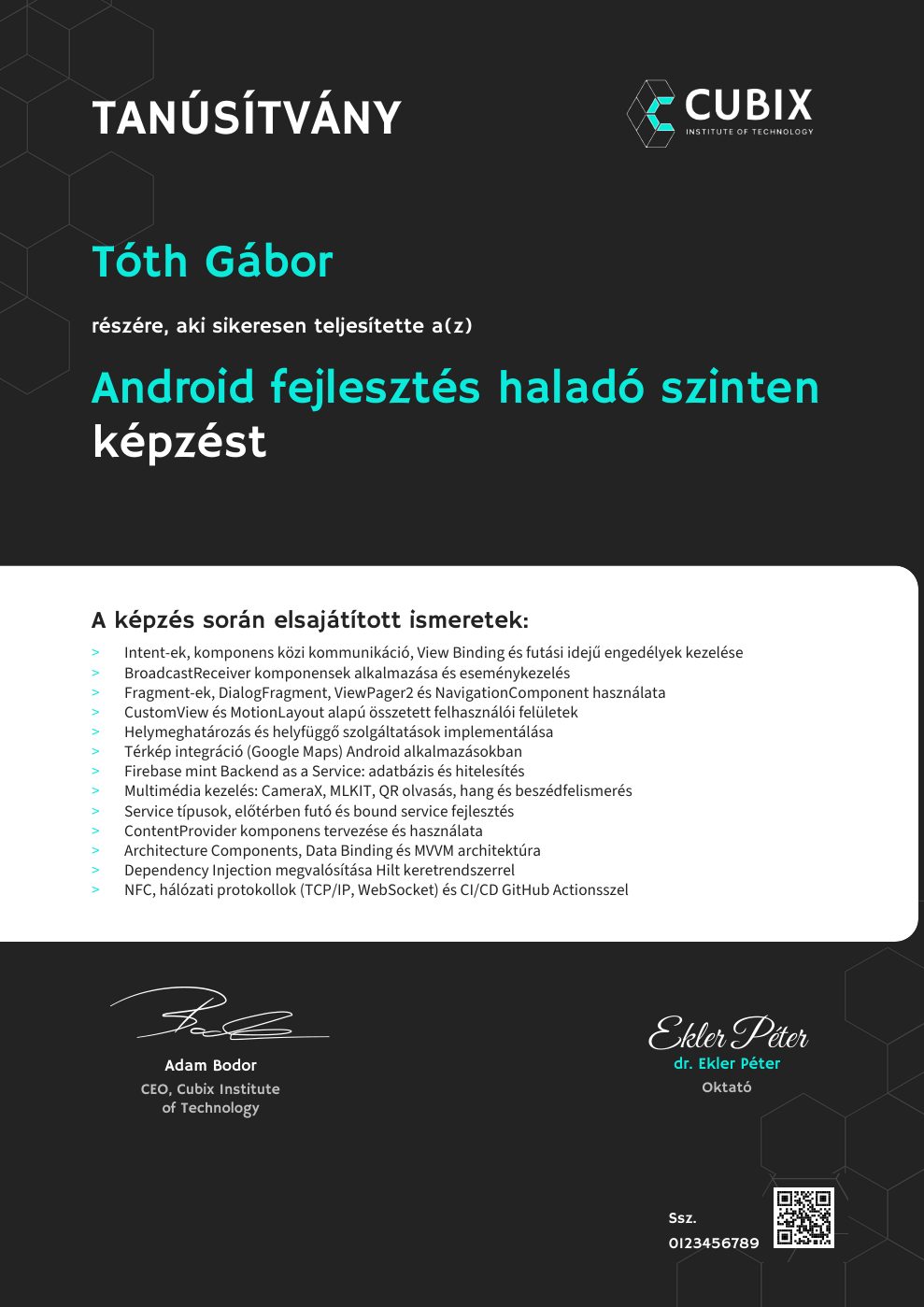 Tanúsítvány minta – Android fejlesztés haladó szinten