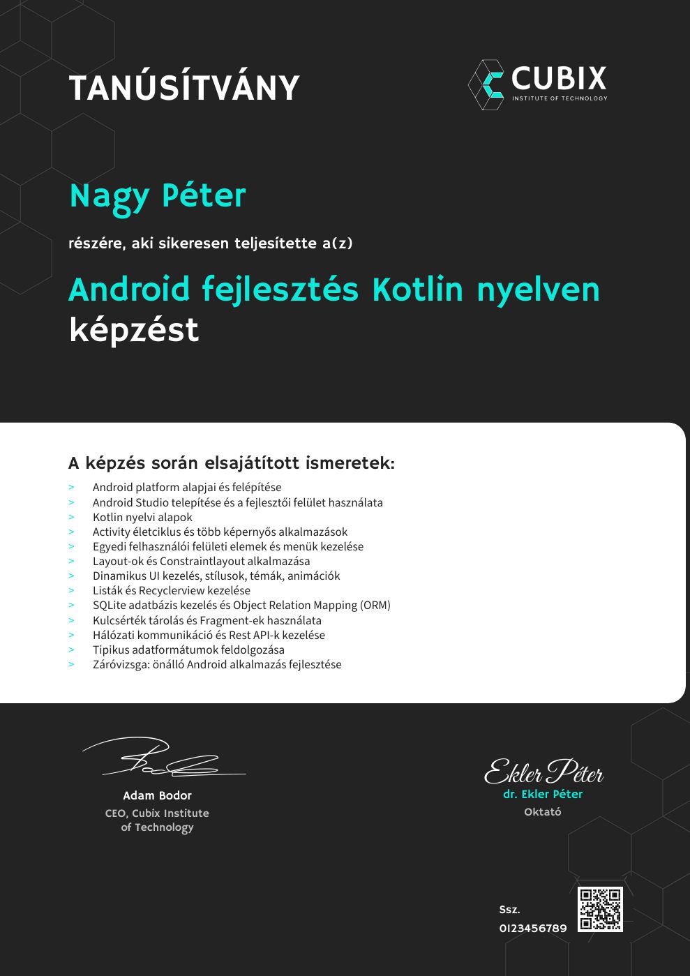 Tanúsítvány minta – Android fejlesztés Kotlin nyelven