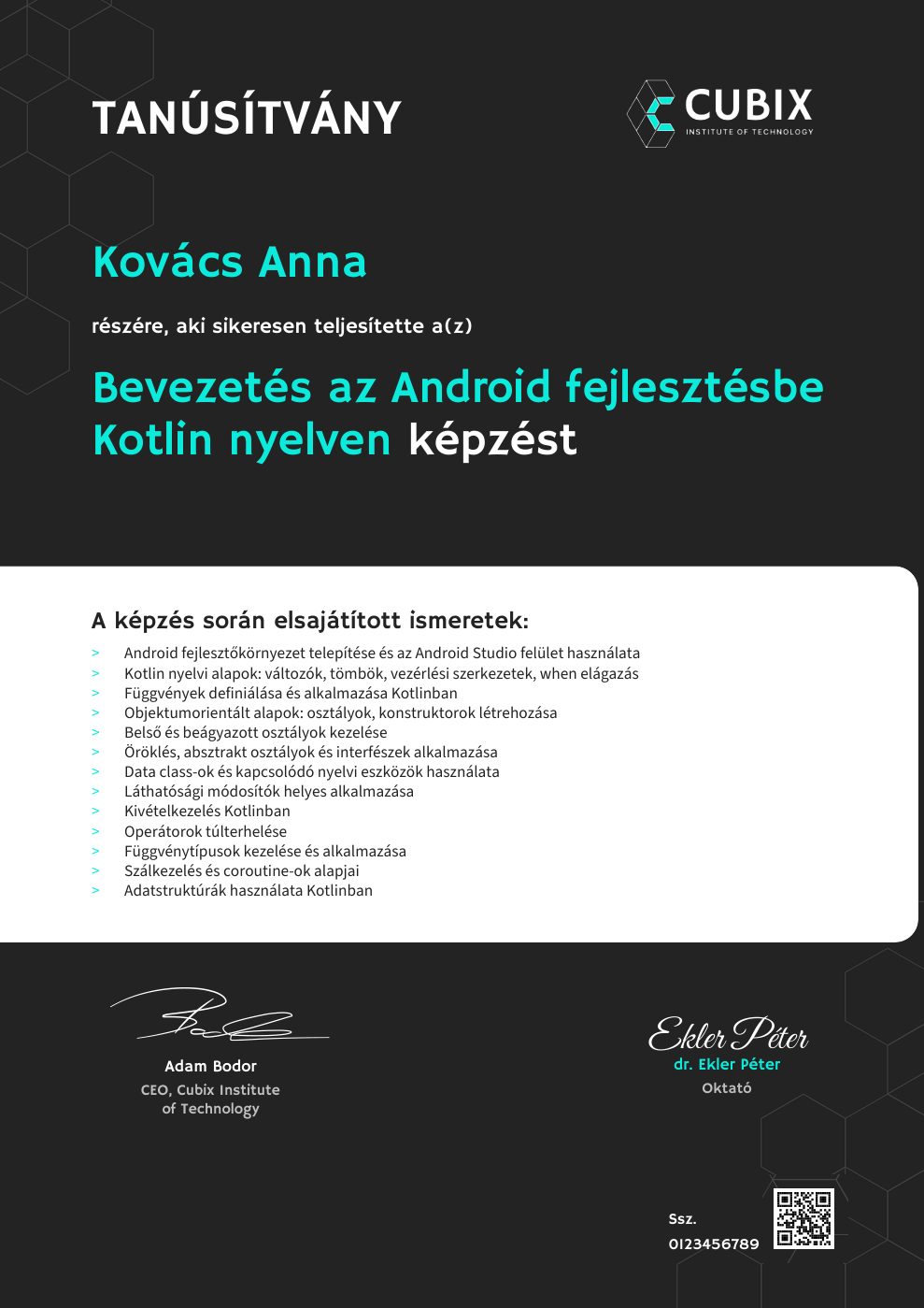 Tanúsítvány minta – Bevezetés az Android fejlesztésbe Kotlin nyelven