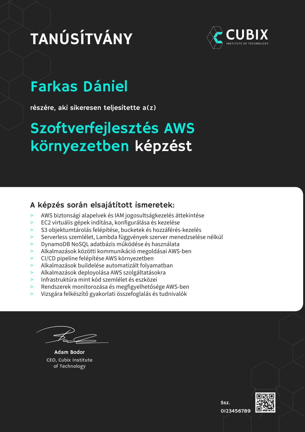 Tanúsítvány minta – Szoftverfejlesztés AWS környezetben