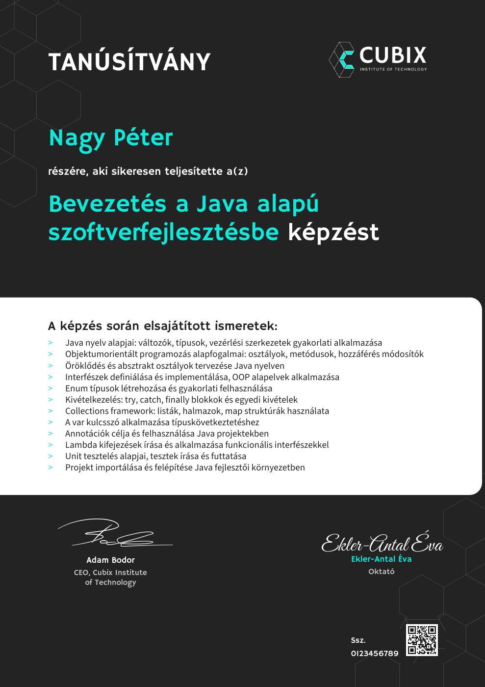 Tanúsítvány minta – Bevezetés a Java alapú szoftverfejlesztésbe
