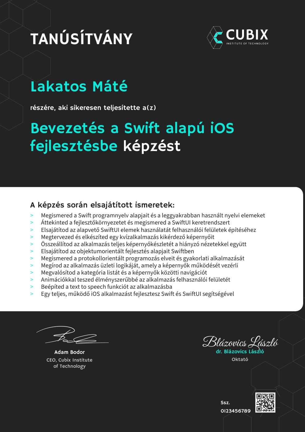 Tanúsítvány minta – Bevezetés a Swift alapú iOS fejlesztésbe