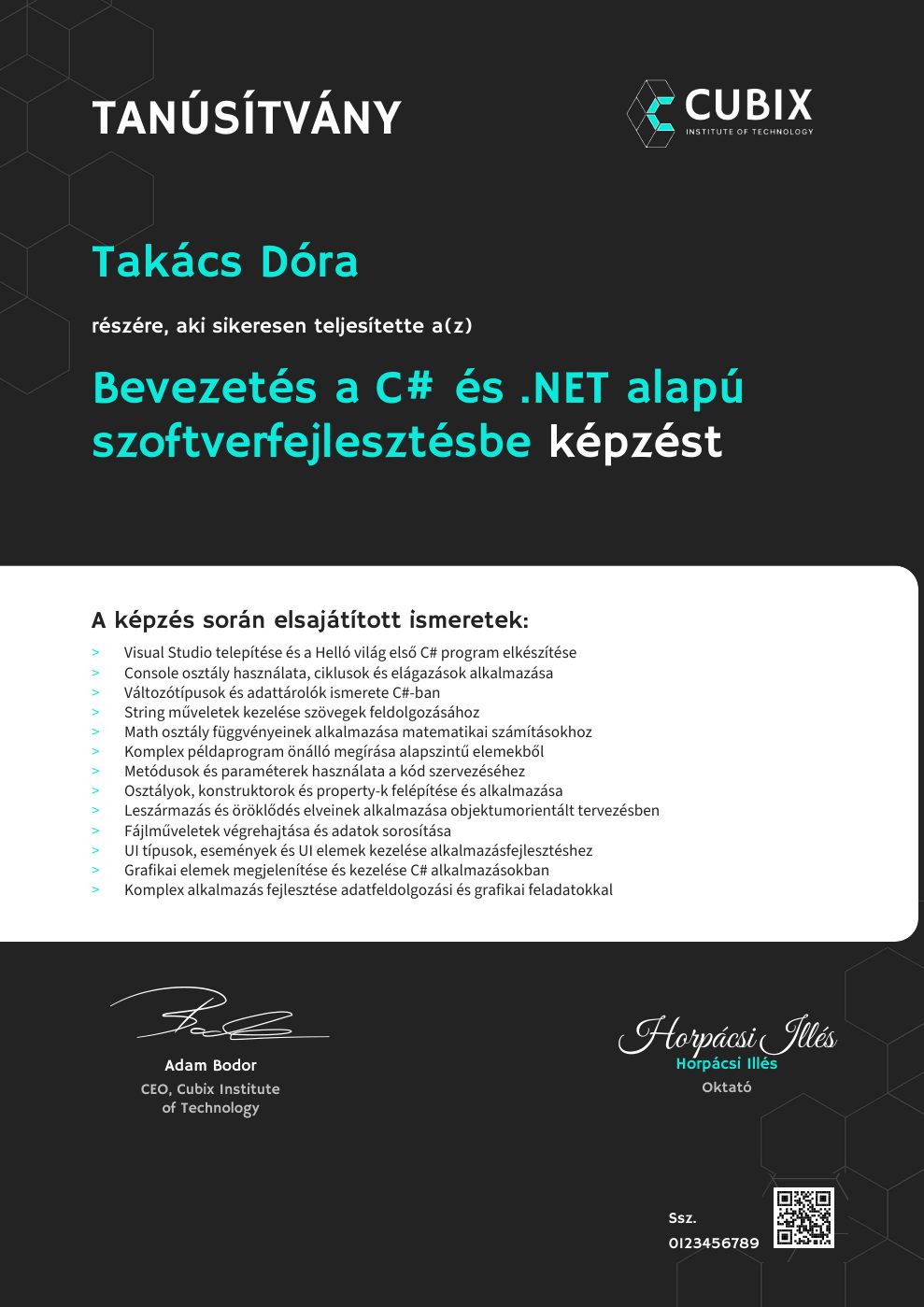 Tanúsítvány minta – Bevezetés a C# és .NET alapú szoftverfejlesztésbe