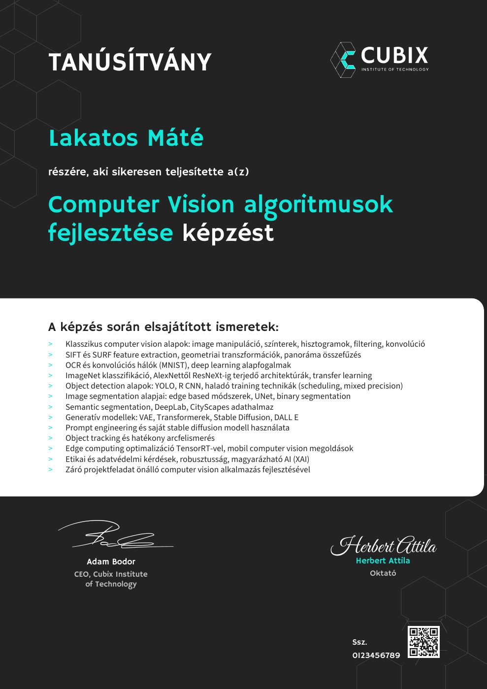 Tanúsítvány minta – Computer Vision algoritmusok fejlesztése