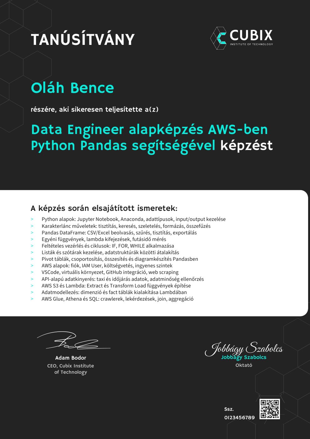 Tanúsítvány minta – Data Engineer alapképzés AWS-ben Python Pandas segítségével