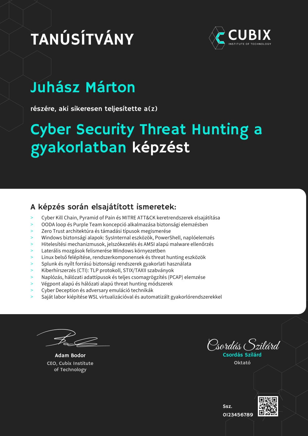 Tanúsítvány minta – Cyber Security Threat Hunting a gyakorlatban