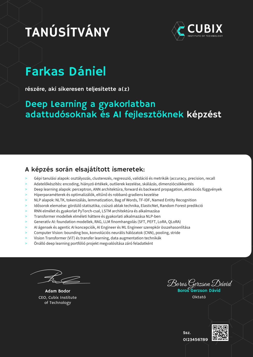 Tanúsítvány minta – Deep Learning a gyakorlatban adattudósoknak és AI fejlesztőknek