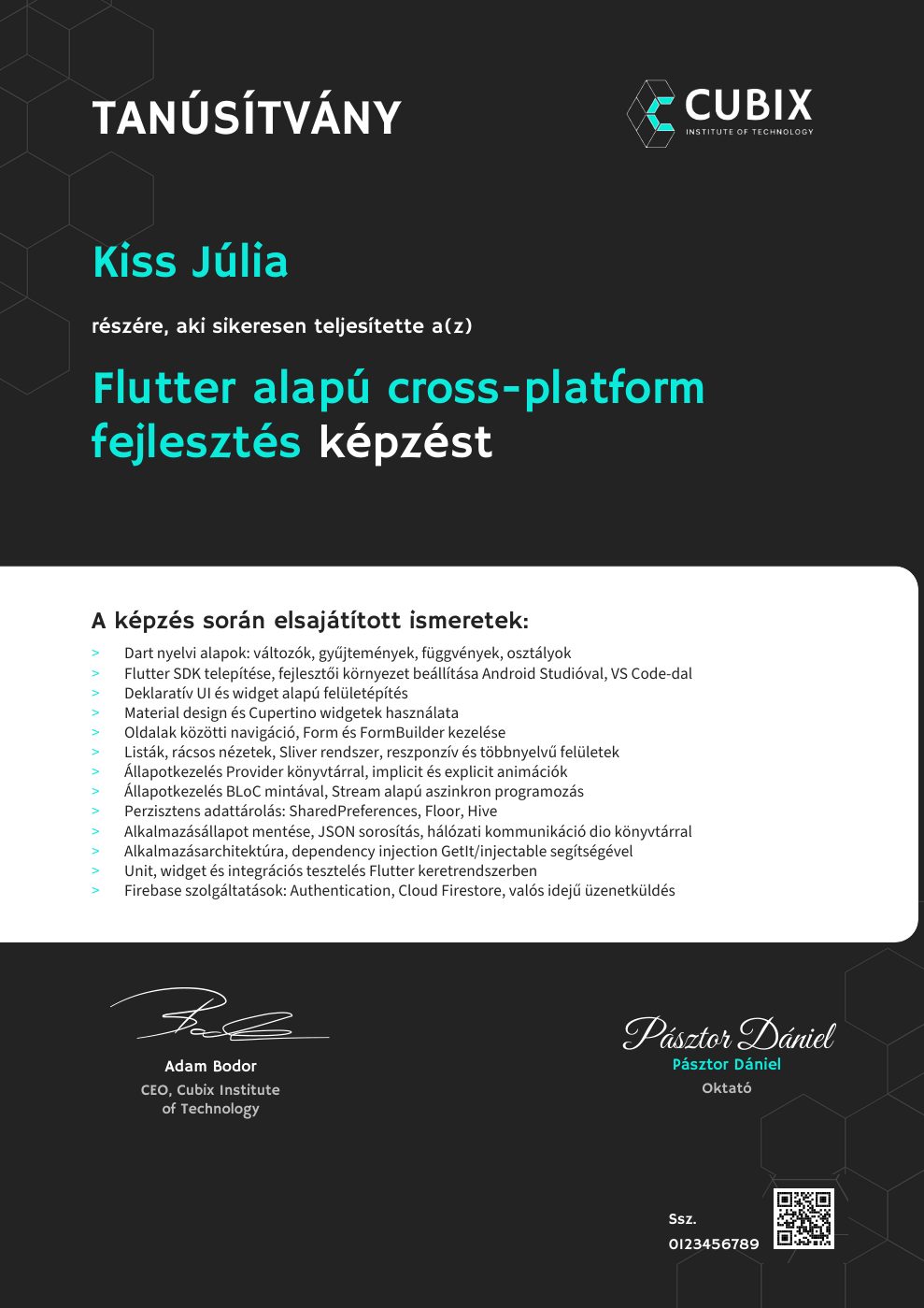Tanúsítvány minta – Flutter alapú cross-platform fejlesztés