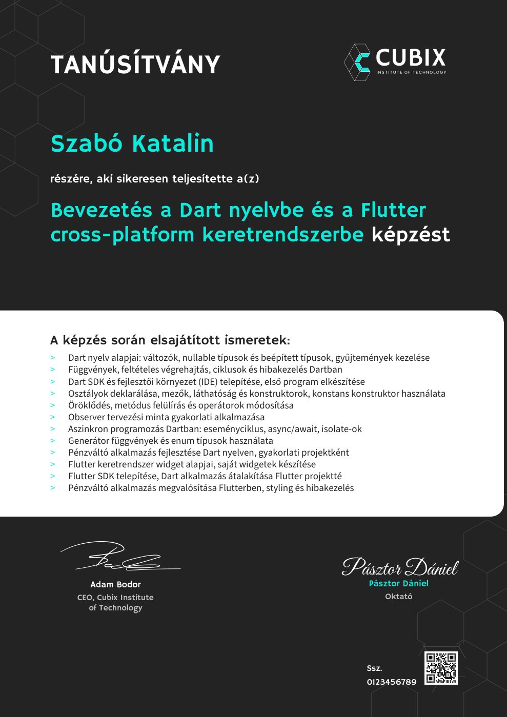 Tanúsítvány minta – Bevezetés a Dart nyelvbe és a Flutter cross-platform keretrendszerbe