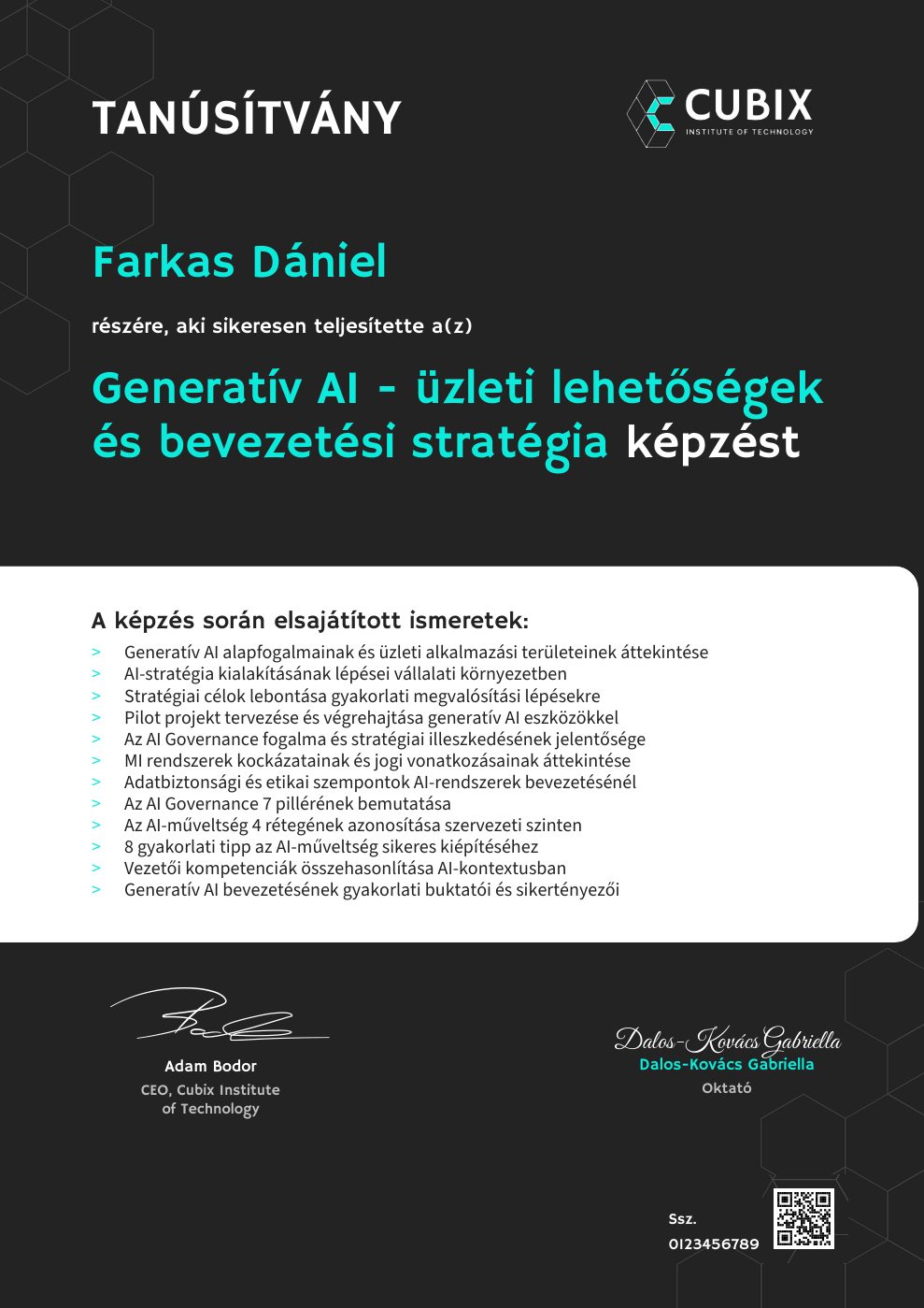 Tanúsítvány minta – Generatív AI - üzleti lehetőségek és bevezetési stratégia